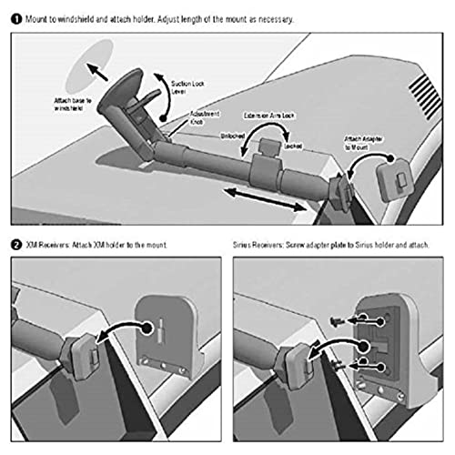 ARKON Mounts Sirius XM Extending Windshield Mount | For mounting XM Satellite Radios | Powerful Windshield Suction | Extendable Arm for Longer Dashboards | Single-T Mount Pattern | SR2CM117