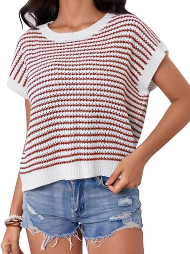 Image of Milumia Women's Striped Short Sleeve Sweater Vest 2025 Summer Cap Sleeve Pullover Tank Top