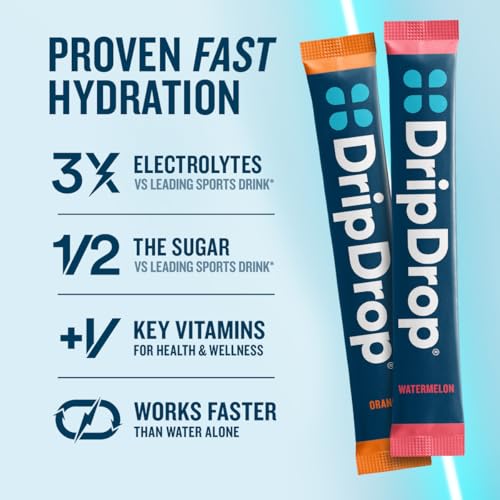 Image of DripDrop Hydration Packets - Bold Variety Pack - Single Serve Electrolytes Powder Drink Mix - Watermelon, Berry, Lemon, Orange - Non-GMO, Gluten Free - 16OZ Serving Size - 80 Sticks - Value Pack
