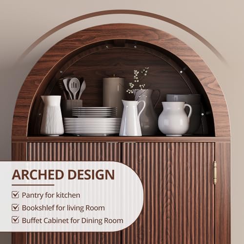 FURSUN 71" Tall Fluted Arched Cabinet with Doors, Wood Pantry Storage Cabinet with 2 Large Drawers, Modern Versatile Bookcase for Living Room, Kitchen, Dining (Dark Walnut)