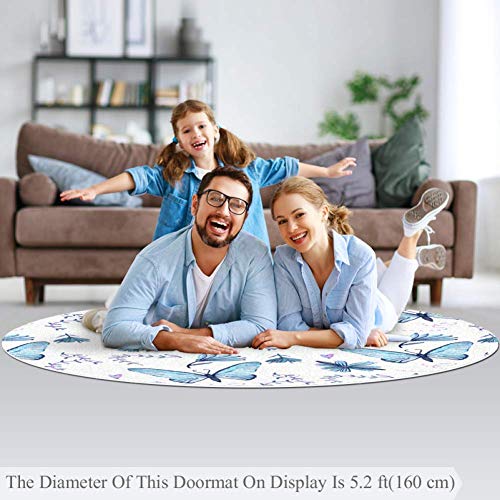 Tapis rond papillons et fleurs bleus pour chambre à coucher et salon cosy