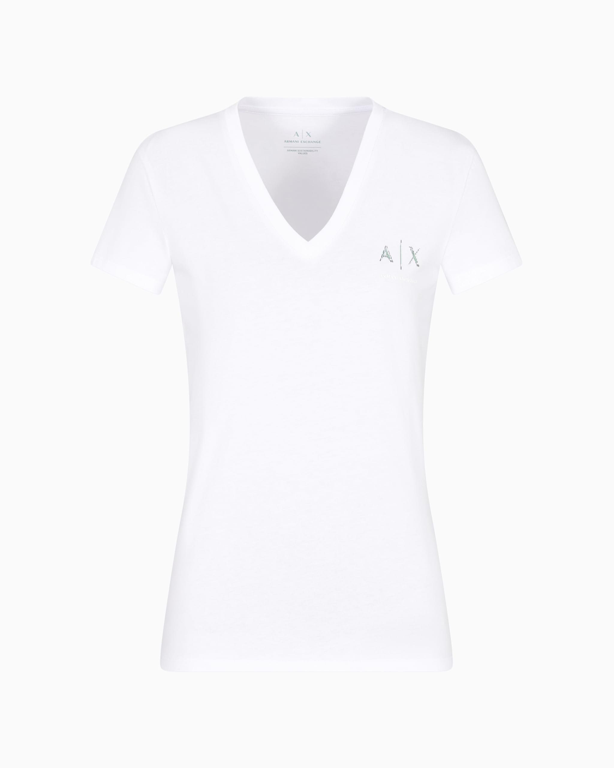 Armani Exchange Women's Arte Sella, Shiny Logo, V Neck,Slim Fit,White,S