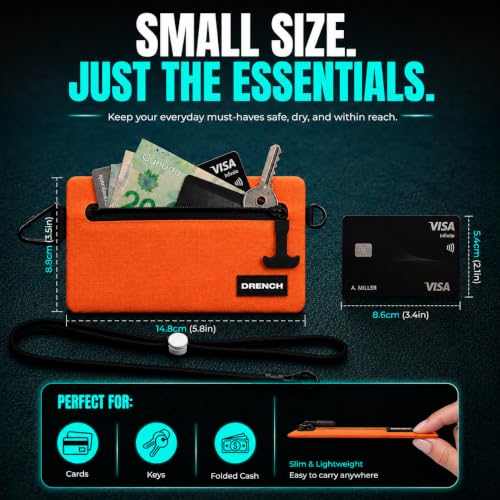 Image of Drench RFID Waterproof Floating Wallet IPX8 Dry Bag for Cards & Cash,Orange | IPX8 waterproof RFID wallet for cards, cash & keys with floating design, adjustable lanyard, belt loop & carabiner