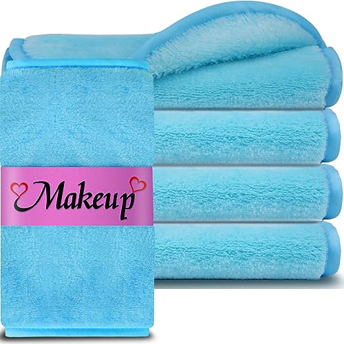 Paño removedor de maquillaje (paquete de 5) reutilizable de microfibra para quitar todo el maquillaje con solo agua suave para todo tipo de piel, 7.5 x 15 pulgadas, color azul
