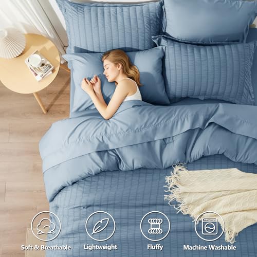 Image of HIMEET Oversized Queen Comforter Set - 7 Pieces Seersucker Bed in a Bag, Boho Bedding Set for Bedroom Decor, All Season Home Essential Bed Set with Comforter, Sheets, Pillowcases & Shams, Grayish Blue
