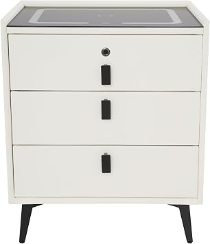Smart Bedside Table LED Wireless Side Nightstand with 3 Drawers Wireless Charging USB Port Bluetooth Speaker Fingerprint Lock Tri-Color LED Light Solid Wood Nightstand Beige White