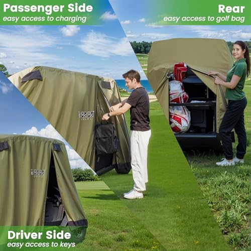 Image of 10L0L Golf Cart Cover 2 /4 /4+2 Passenger for Yamaha EZGO Club Car, Heavy Duty 420D Waterproof Windproof Durable Oxford Golf Cart Cover with 3 Zipper Doors for All-Weather Protection - Army Green