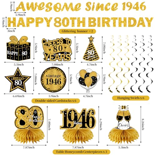 Image of Kuxriox 11Pcs 80th Birthday Decorations Kit for Men Women, Black Gold Happy 80th Birthday Banner, Awesome Since 1946 Centerpieces Swirls Party Supplies, Eighty Bday Banner Ceiling Table Topper Sign