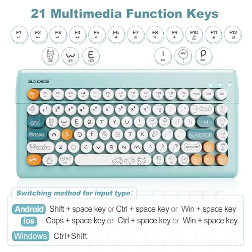 Image of Wireless Bluetooth Keyboard for iPads Tablet Mac PC Laptop Desktop Smart Phone,Cute Typewriter Style Computer Keyboards with Round Raised Keycaps,Mini iPad Keyboard for Kids Girl Women-Blue Colorful