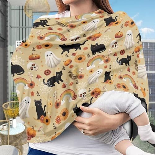 Image of Wanyint Infant Car Seat Cover for Babies, Boys Girls Carseat Canopy Baby Breastfeeding Stroller High Chair Shopping Cart Cover Halloween Decor, Black Cat Skull Ghost Pumpkin Rainbow
