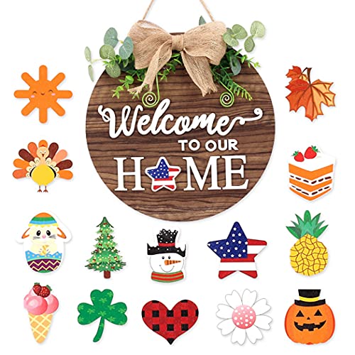 Coxeer Welcome Sign for Front Door, Seasonal&Interchangeable Door Sign, Hanging Porch Decor, Rustic Wood Wreath in Christmas, Halloween, Autumn, Winter, Thanksgiving Style with 14 Magnetic Pieces