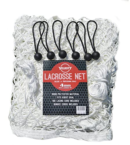 Velocity 4MM Heavy Duty White Lacrosse Net - Fits 6’x6’x7’ Goals - Weatherproof, UV Resistant 1000D High-Strength Polyester - Comes with 100+ Feet of Lacing Cord and 4 Quick Ties