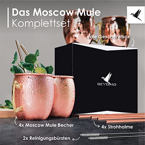 Foto von Beyond Moscow Mule Becher Set Kupferbecher - Becher aus Kupfer mit Strohalmen & Geschenkbox I Moskau Mule Kupfertasse Set mit traditionell glatter Oberfläche als Gin Tasse & für Cocktail (4er Set)