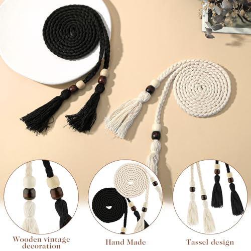 2 PCS Women's Skinny Tassel Waist Belt with Wooden Beads, Black + White Thin Woven Waist Rope Belt for Women Girls Godness Boho Braided Waist Belt Rope Chain for Thin Dresses Skirts Tunics3
