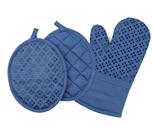 Oven Mitt And Pot Holders Silicone Set Of 3, Non-Slip Kitchen Hot Pads And Oven Mitts Set, Oeko-Tex 100% Cotton Shell, Dark Blue #TOP13