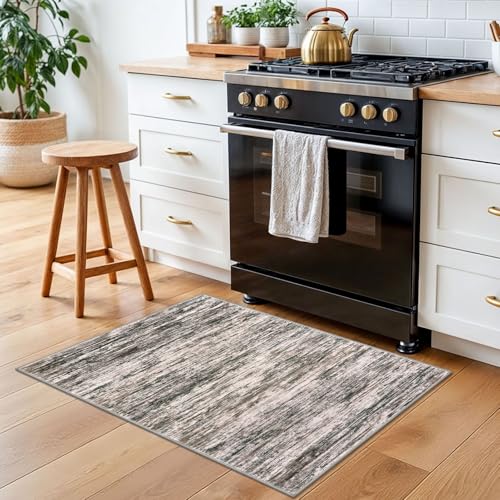 2x3 Brown Green Black White Modern Abstract Rug for Entryway, Super Soft Small Area Rug, Washable Non-Slip Kitchen Rugs, Low-Pile Mat for Bedside, Indoor Door Mat