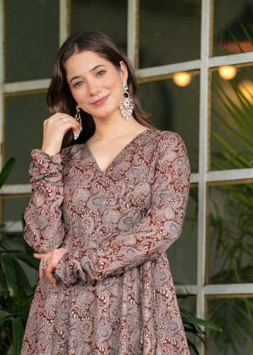 Image of Floral Foil Printed Cotton Anarkali Kurta With Palazzo Set V-Neck, Full Sleeve