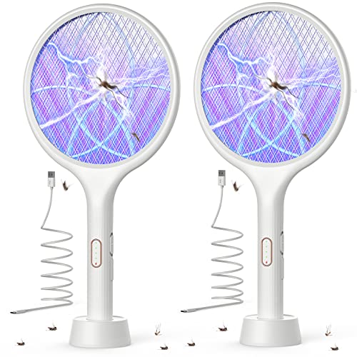 YISSVIC Electric Fly Swatter 4000V Bug Zapper Racket Dual Modes Mosquito Killer with Purple Mosquito Light Rechargeable for Indoor Home Office Backyard Patio Camping (White 2 Pack)