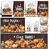 Fourluoo 10 Pcs Fall Thanksgiving Pumpkin Farmhouse Kitchen Decor Set Kitchen Dish Towels Rugs Oven Mitts and Pot Holders Set for Cooking Baking Grilling Women Mom Daughter Gift (Fall Yellow)