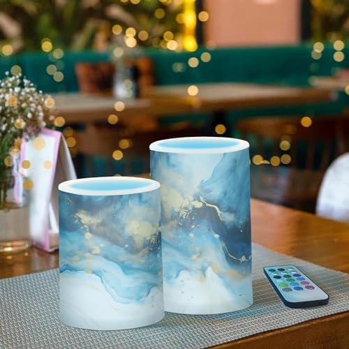 Image of Flickering Flameless Candles, Marble Navy Blue LED Candles with Remote Timer, Set of 2 Battery Operated Candle for Valentine Wedding Birthday