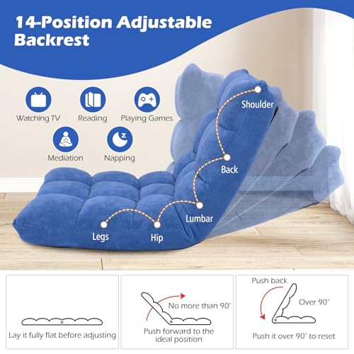 Image of COSTWAY Floor Chair, Video Gaming Chairs with Back Support, Adjustable 14-Position, Alloy Steel Frame, Soft Coral Fleece, Lazy Sofa Lounge for Reading Living Room Recliner for Adults Kids (Blue)