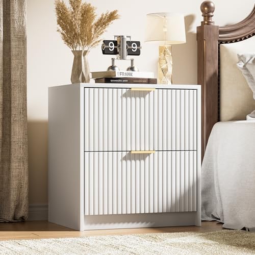 Image of Furniway Nightstands Set of 2, Fluted Nightstand with Gold Metal Handles and 2 Drawers, Modern Bedside Table, 19.6 inch Wide Wood End Table for Bedroom, White