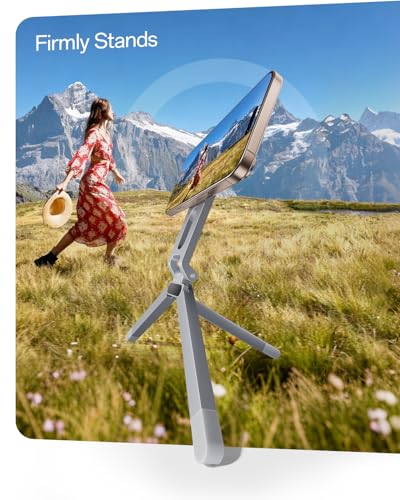 Image of iWALK Magnetic Foldable Metal Phone Stand for iPhone, Strong Magnet Mini Cell Phone Tripod Stand for Vlog, Gym, Travel Essentials Compatible with iPhone 17, 16, 15, 14, 13, 12 Series, Silver
