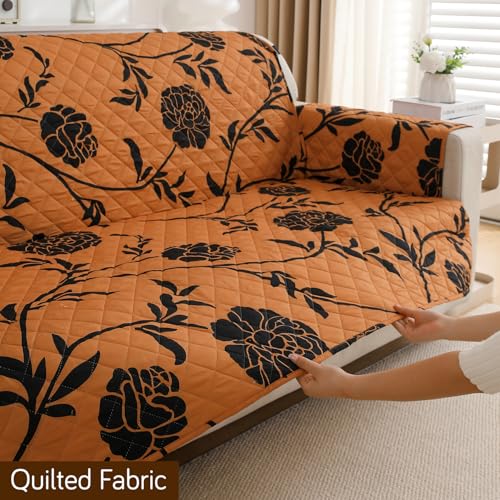 Image of HOKIPO 'Elira Series' Printed Water Repellent + Waterproof Quick Dry L Shape (3+3 Seater) Sofa Seat Cover Mat, Copper Brown Floral (AR-5249-C8*2)