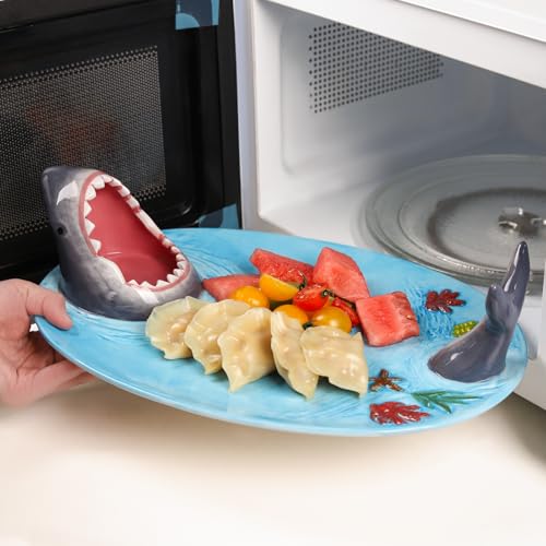 Image of 2 Pack Blue Ceramic Taco Holder, Shark Sushi Plate, Funny Handmade Kitchen Salad Plates with Dipping Sauce Bowl, Microwave /Oven /Dishwasher Safe Plates, Holiday Birthday Gifts for Shark Party Lovers