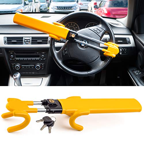 Twin Bar Steering Wheel Lock - Heavy Duty Universal Car Anti-Theft Device High Visibility Yellow Steering Lock with 3 Keys Adjustable Security Fit for Cars SUVs Vans & Caravans