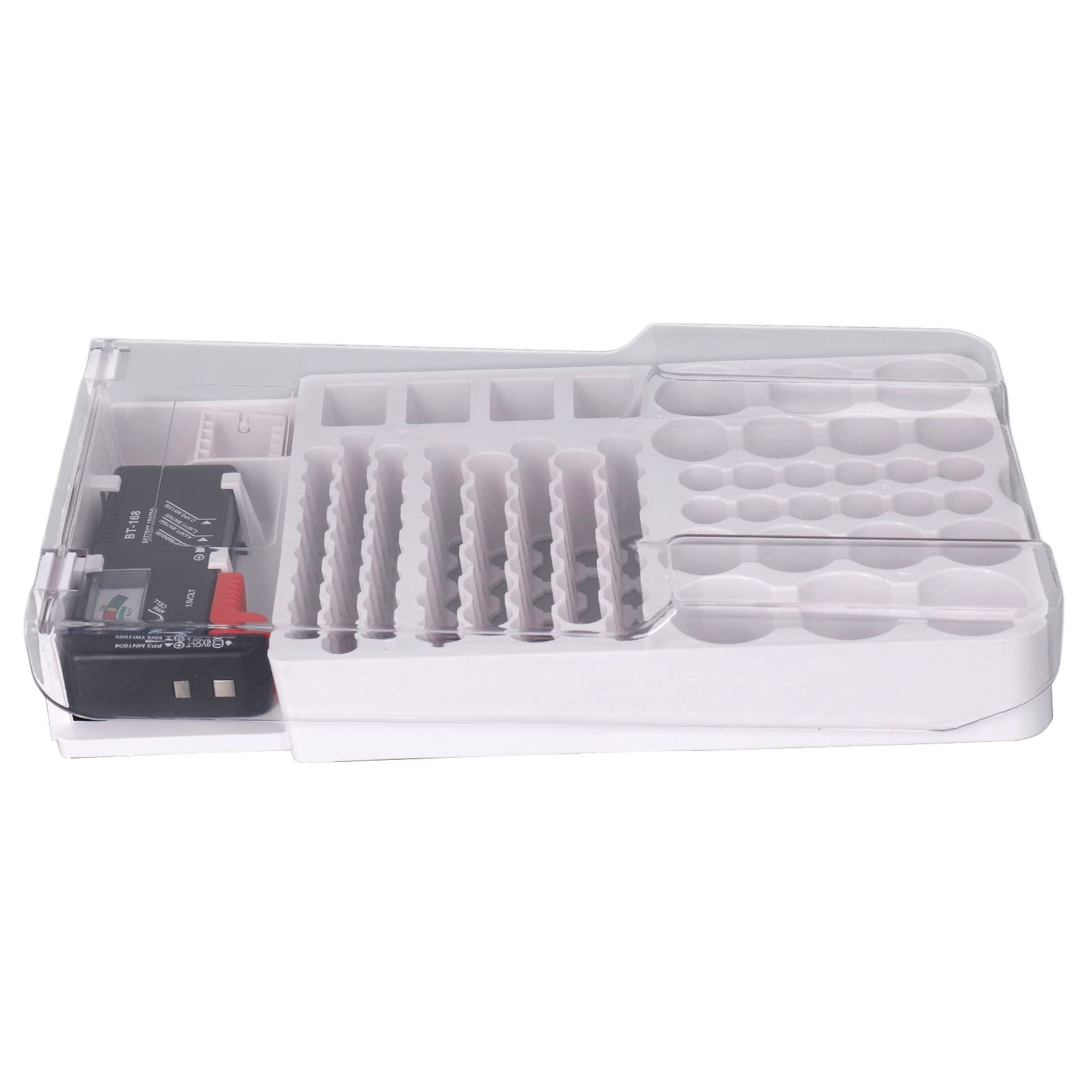 Battery Organizer Holder, Transparent Battery Storage Box Container Soft Padding Battery Carrying Case with Capacity Test Instrument