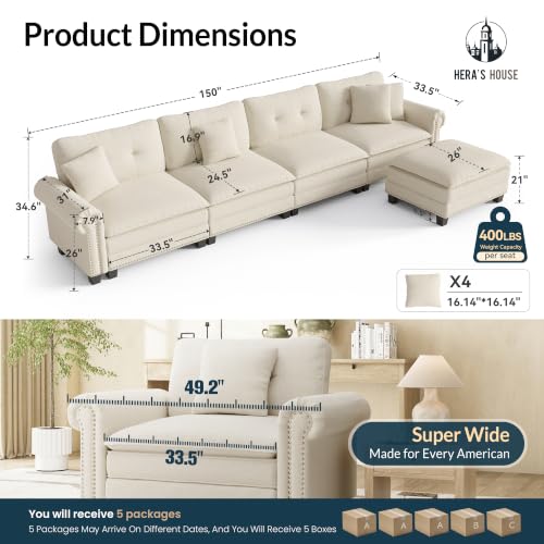 Image of HERA'S HOUSE 150 inch Oversized L Shaped Modular Sectional Couch Living Room | Mid-Century Modern 5-Seater Cloud Sofa, Beige, Rolled Arms & Nailhead Trim, Wider & Deeper Seats, Ottoman, Linen