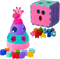 Kit Brinquedos Educativos Bebê 1 Ano Blocos Didáticos Encaixe Formas Cores Coordenação Motora Pedagógico Colorido Atividades (Rosa)