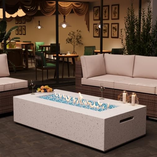 Speckled White Terrazo Propane Fire Pit Table, 56-Inch Outdoor Gas Fire Table 50,000BTU– Modern Rectangle Firepit for Patio, Garden, and Backyard. 56 x 28 x 12.6 inches. Cosmetic Damage to side, Top in brand new condition, interior and propane equipment in brand new condition. 
