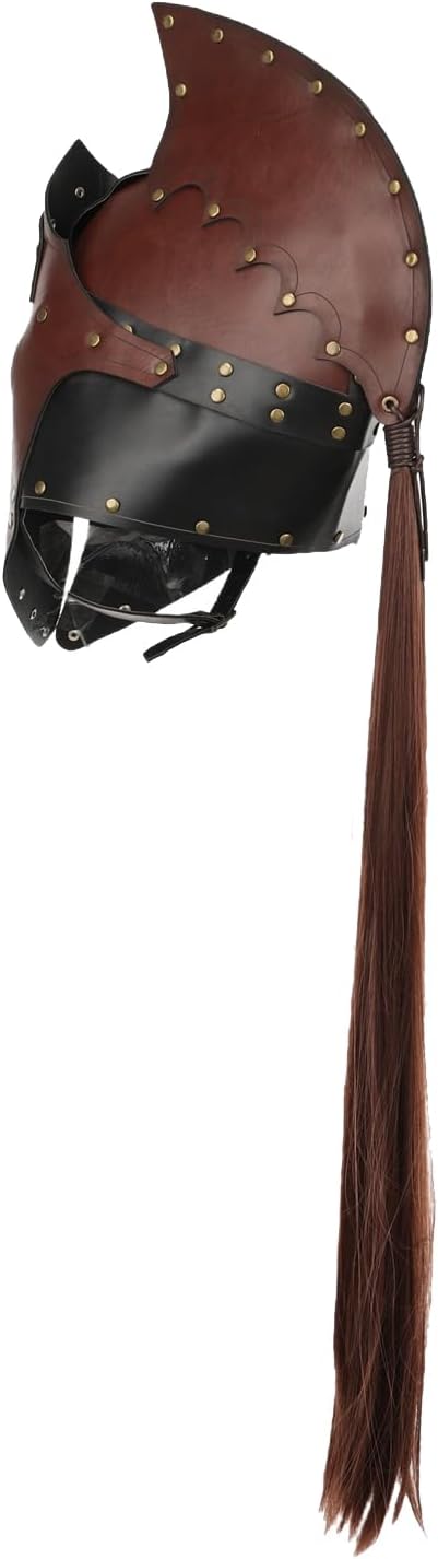 Men Medieval Viking PU Leather Helmet with Tassel Roman Knight Brown Armor Helmet for Halloween LARP Costume Accessory