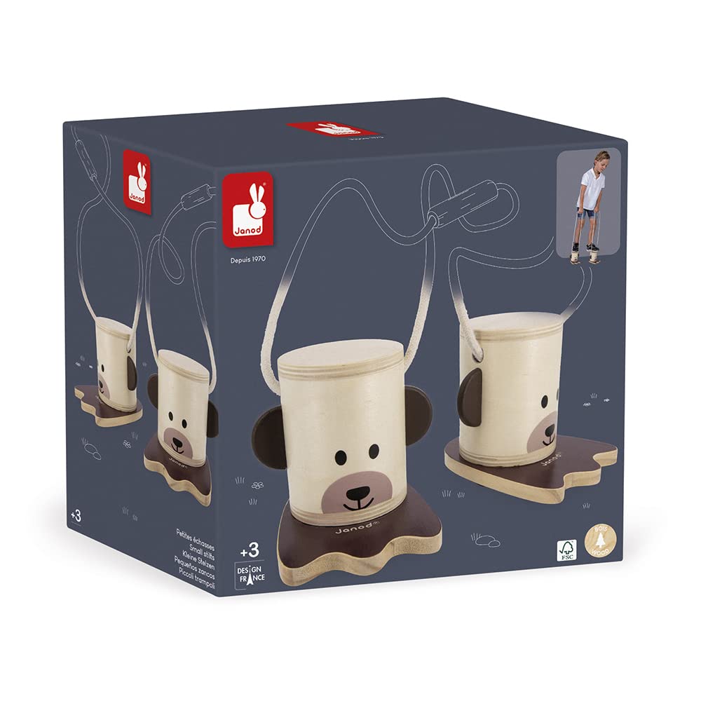 Janod - Petites Echasses en Bois Pattes d'ours - Jeu de Plein Air - Hauteur Réglable – Apprentissage de l'Equilibre - Certifié FSC - Peinture à l'eau - Dès 3 Ans, J03174