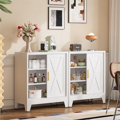 Image of COFaR White 37 inch H Sliding Door Storage Cabinet, Half Open Half Closed Design, 3-Tier Kitchen Organizer with Adjustable Shelves, 150 lbs Top, Metal Coffee Bar & Buffet Sideboard for Dining Room