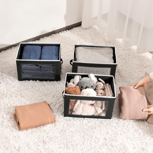 Image of Homsorout Stackable Storage Bins with Lids - Medium Storage Box with Lids, Foldable Closet Boxes for Organizing, Wardrobe Clothes Organizer with Window, Cubes Bins for Living Room, 5 Pack, Black