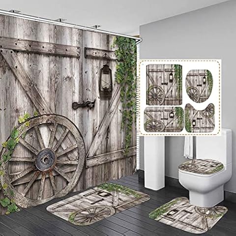 Camille&Andrew 4PCS White Barn Door Shower Curtain Set, Green Leaves Plant Wagon Wheel Western Garage Door Country Rustic Farmhouse Bathroom Decor, Waterproof Fabric Shower Curtain, Non-Slip Bath Mat Cover