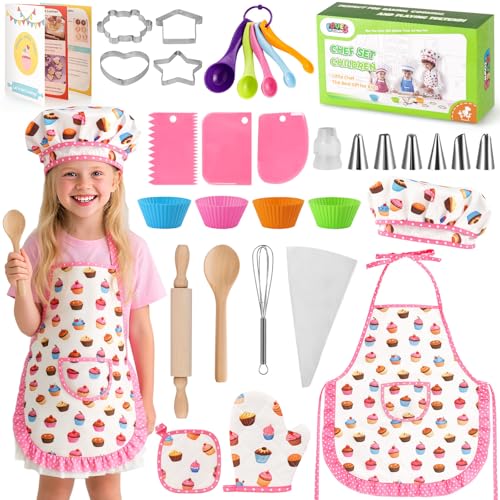LovesTown 32Pcs Kids Baking Set Chef Hat & Apron with Cooking Tools White