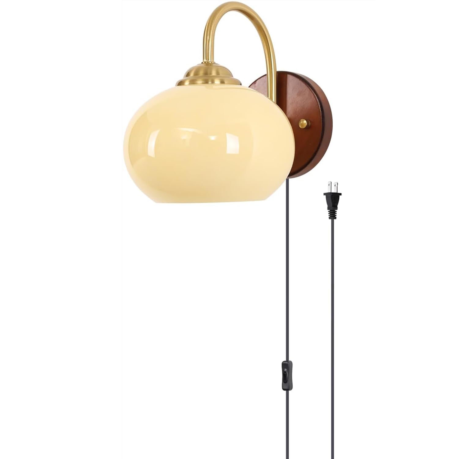 Lampada da Parete per Interni in Vintage in Legno con Spina e Interruttore | Lampada da Parete Retrò in Legno con Interruttore Lampada da Camera da Letto con Paralume in Vetro Lampada in Stile Country
