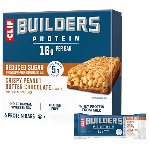 CLIF BUILDERS Protein Bars - Crispy Peanut Butter Chocolate Flavored - Reduced Sugar - Gluten Free - 16g Protein - No Artificial Sweeteners - 1.97 oz. (6 Pack)