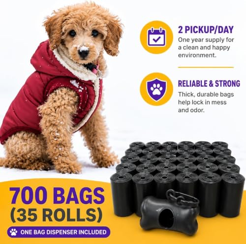 Image of Dog Poop Black Bags with Dispenser (700 Bags) doggy poop bags Pickup Bag 35 Refill Rolls Dog Waste Bags Cat Litter Clamps & Poop Bags (35 Rolls, Uscented)