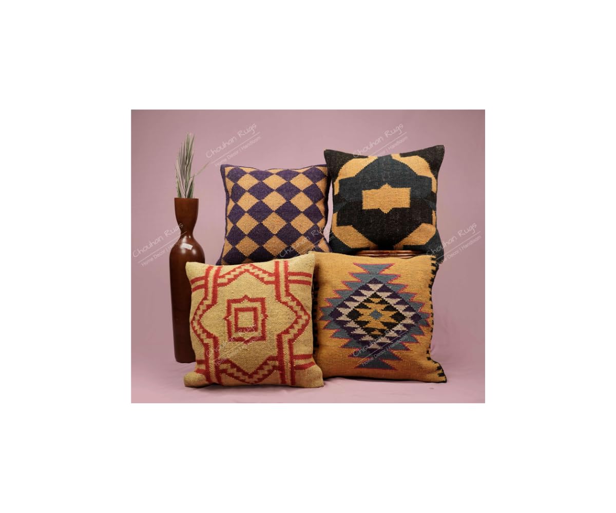 Chouhan Rugs Set of 4 Kilim Throw Pillow Cover Cushion Cover, Wool Jute 18x18 Inch Square Indian Boho Outdoor Cushions Cover for Sofa, Living Room