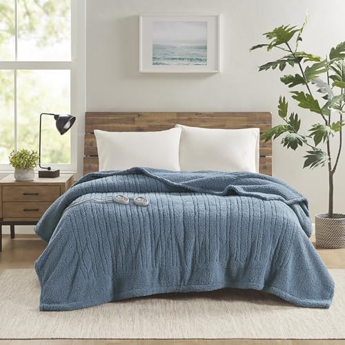 Blue Sherpa Heated Blanket - Cozy 100% Polyester Solid Sherpa Fabric - Ultra-Soft, Warm Throw for Bed or Couch - Perfect for Cold Nights and Relaxing Evenings