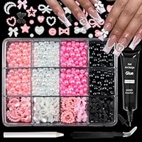VOTACOS Flatback Nail Art Pearls 3D Heart Bow Nail Charms with Nail Rhinestones Glue Gel Black Pink Colorful Nail Gems Supplies 2-6mm Mixed Sizes Nail Pearls for Women Acrylic Nail Decor
