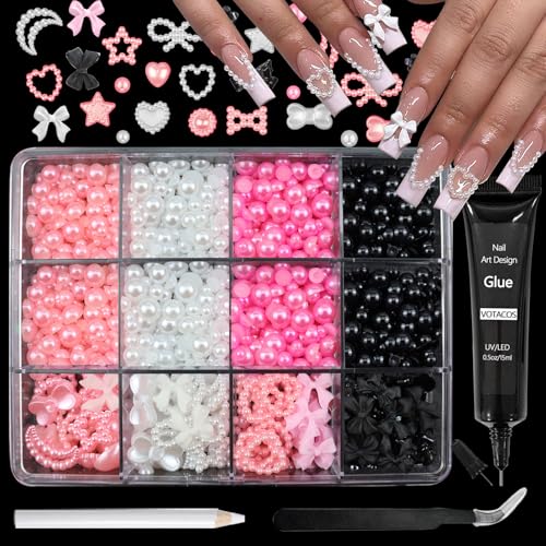 VOTACOS Flatback Nail Art Pearls 3D Heart Bow Nail Charms with Nail Rhinestones Glue Gel Black Pink Colorful Nail Gems Supplies 2-6mm Mixed Sizes Nail Pearls for Women Acrylic Nail Decor