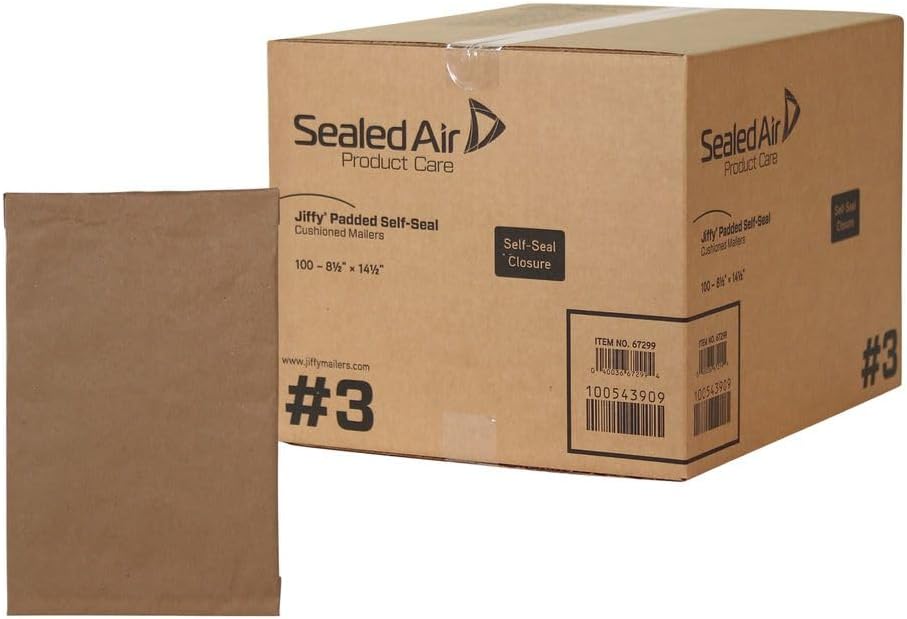 Jiffy Padded Shipping Mailers, Case of 100, Self Seal Heavy Duty Recycled Cushioned Mailing Envelope, #3-8.5" x 14.5", Kraft