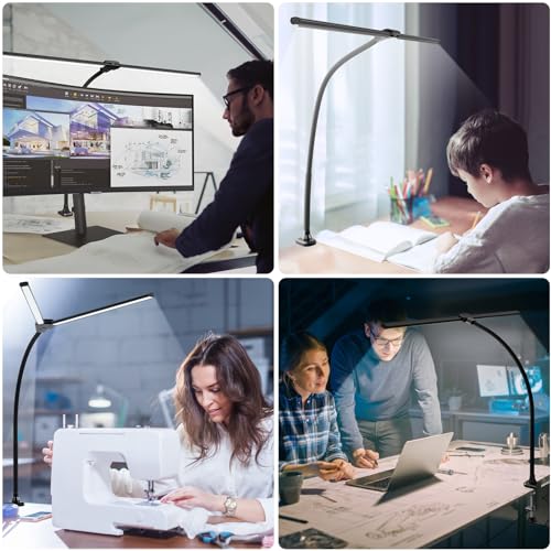 Image of ShineTech LED Desk Lamp for Home Office, 5000K Bright Double Head Architect Task Lamps with Clamp, Dimmable Adjustable Flexible, Black