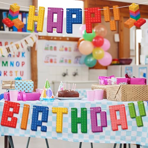 Image of Hooqict Building Block Happy Birthday Banner Building Block Birthday Party Decorations Building Bricks Garland Party Banner Blocks Theme Birthday Party Supplies for Boys Girls
